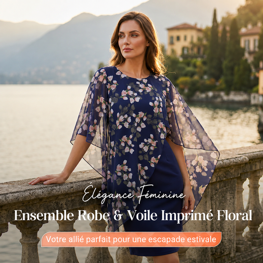 Caroline - Élégant ensemble composé d'une robe et d'un cache-cœur à motif floral