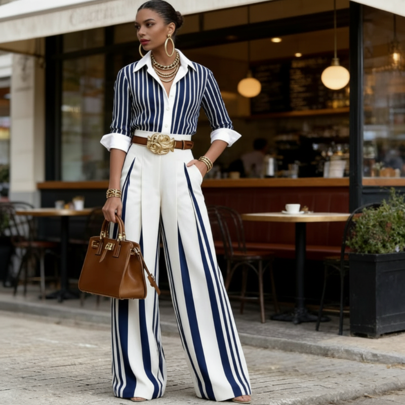 Sol - Ensemble composé d'une chemise à rayures et d'un pantalon large pour femme