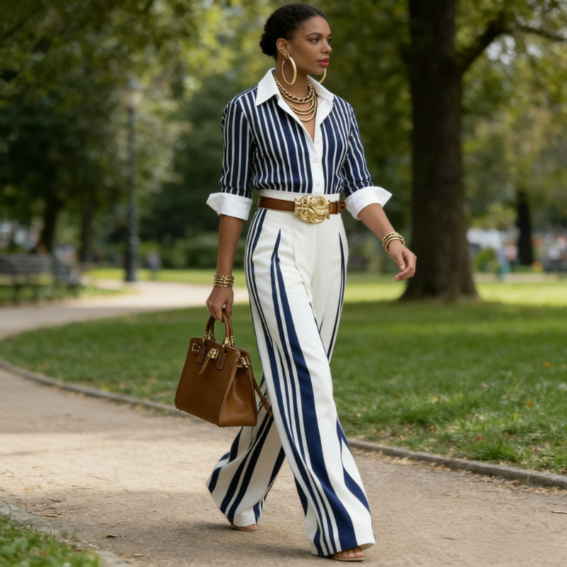 Sol - Ensemble composé d'une chemise à rayures et d'un pantalon large pour femme