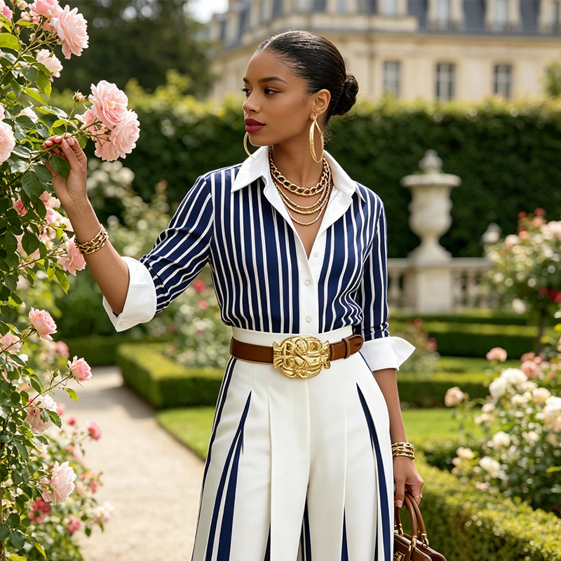 Sol - Ensemble composé d'une chemise à rayures et d'un pantalon large pour femme