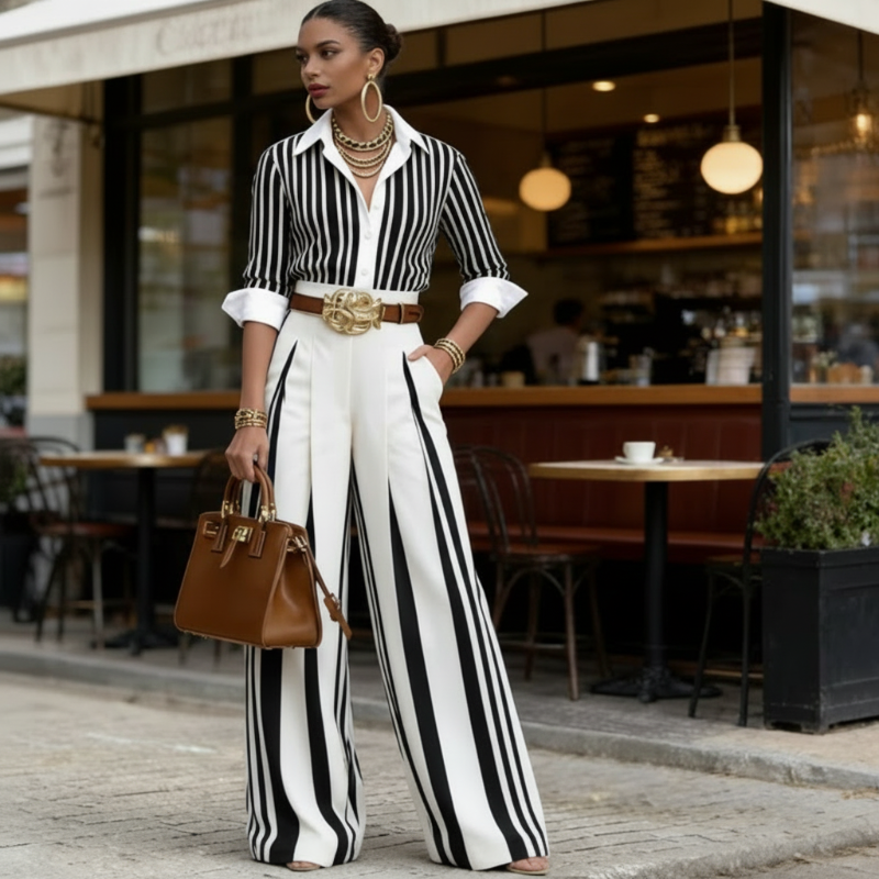 Sol - Ensemble composé d'une chemise à rayures et d'un pantalon large pour femme